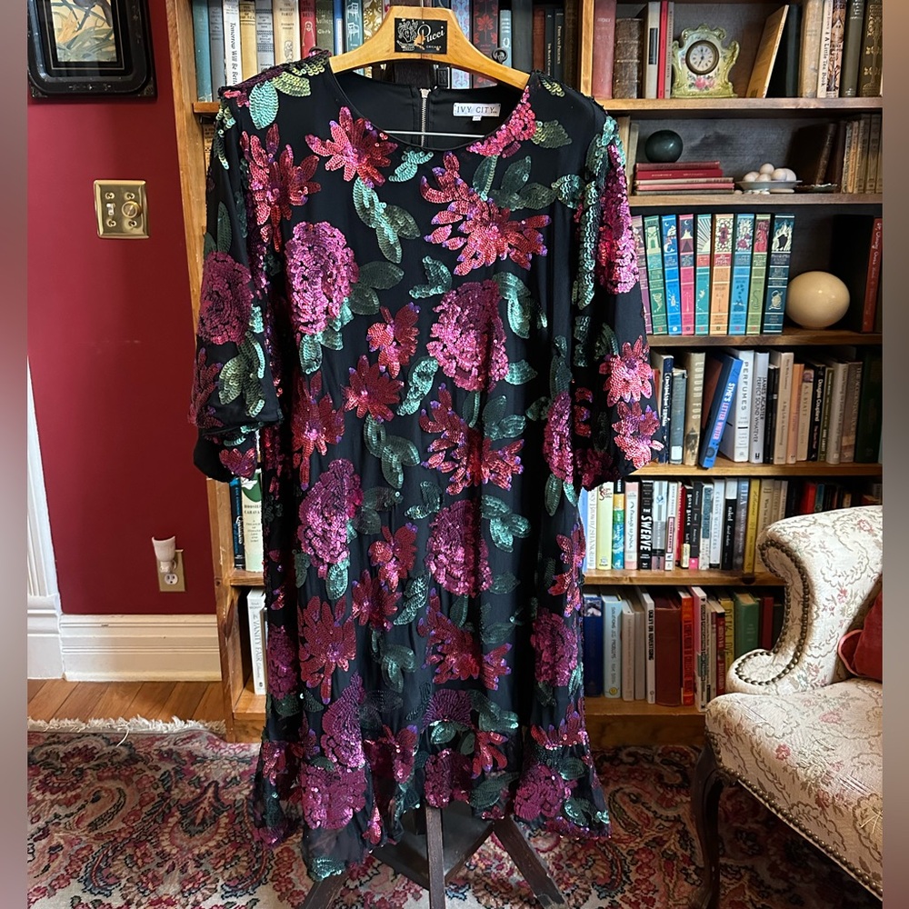 Ivy City Co Sequin Black Dress with Pink and Green Floral Design